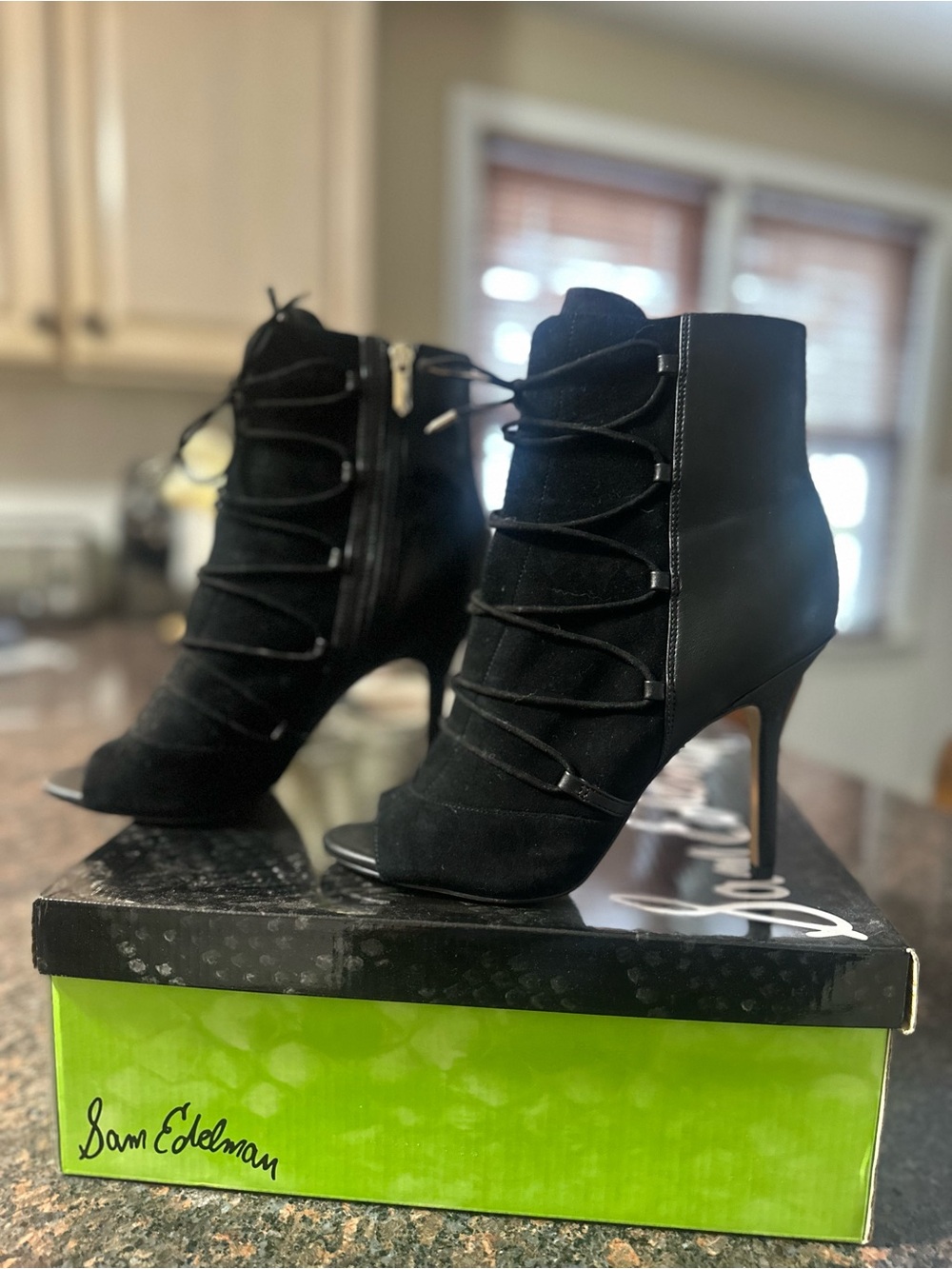 Sam Edelman Black Lace-Up Peep-Toe Stiletto Ankle Boots